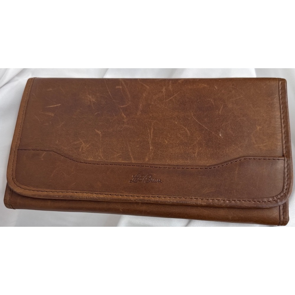 LL Bean Leather Traveler Organizer Wallet Saddle Brown Plaid Lined Vintage